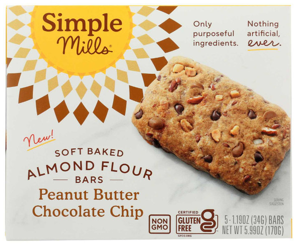 SIMPLE MILLS: Peanut Butter Chocolate Chip Soft Baked Bars, 5.99 oz New