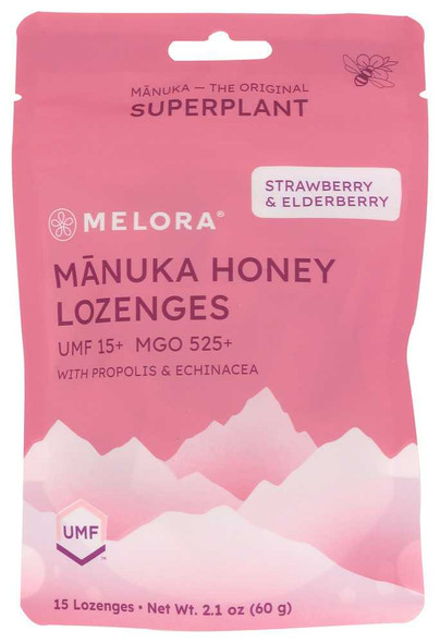 MELORA: Strawberry and Elderberry Manuka Honey Lozenges, 2.1 oz New