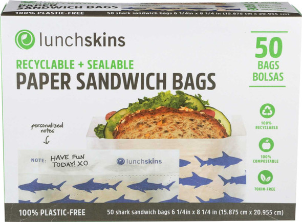 LUNCHSKINS: Paper Sandwich Bag Shark, 50 ct New