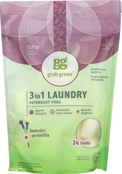 GRABGREEN: 3-in-1 Laundry Detergent Pods Lavender 24 Loads, 15.2 Oz New