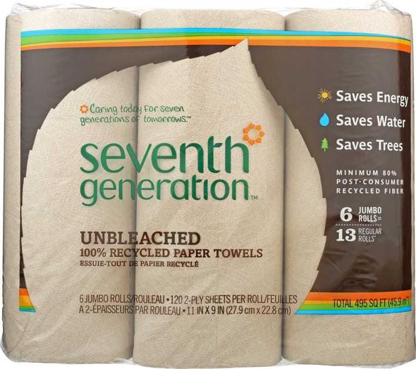 SEVENTH GENERATION: 100% Unbleached Recycled Paper Towels 6 Rolls, 1 ea New