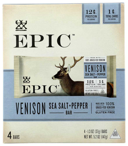 EPIC: Venison Sea Salt Pepper Bars 4Pk, 5.2 oz New