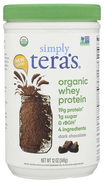 TERA'S WHEY: Grass Fed Organic Whey Protein Fair Trade Dark Chocolate, 12 oz New
