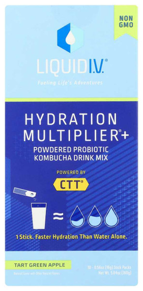 LIQUID IV: Tart Green Apple Hydration Multiplier Plus Probiotic Kombucha 10 Count Box, 5.64 OZ New