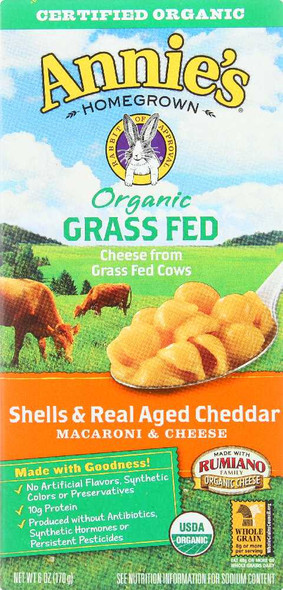 Annie's Homegrown Organic Grass Fed Shells and Real Aged Cheddar Macaroni and Cheese, 6 Oz New
