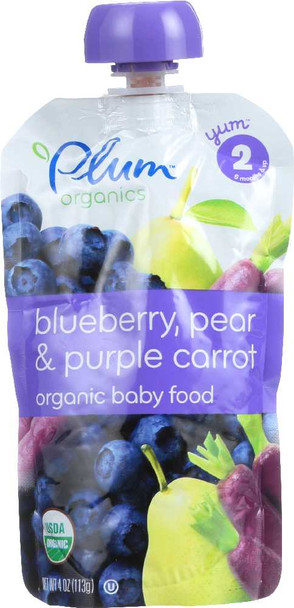 PLUM ORGANICS: Organic Baby Food Stage 2 Blueberry Pear & Purple Carrot, 4 oz New