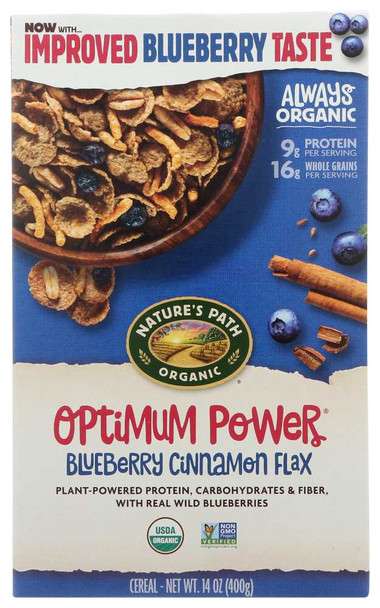 NATURE'S PATH: Organic Optimum Power Cereal Blueberry Cinnamon Flax, 14 oz New