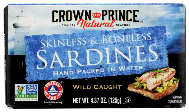 CROWN PRINCE: Skinless and Boneless Sardines Hand Packed In Water, 4.37 oz New