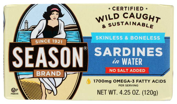 SEASON: Skinless and Boneless Sardines in Water No Salt Added, 4.25 oz New