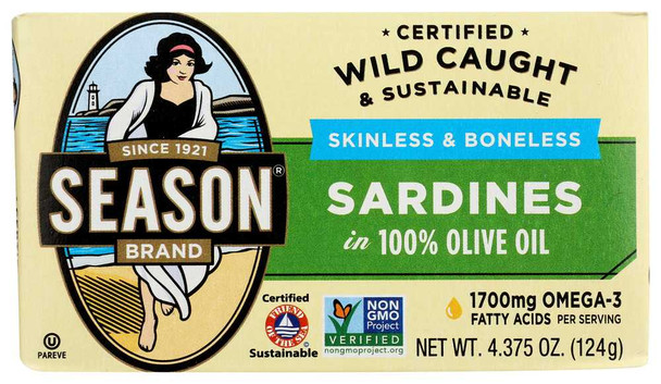 SEASONS BRAND: Imported Skinless & Boneless Sardines in Pure Olive Oil Salt Added, 4.375 Oz New