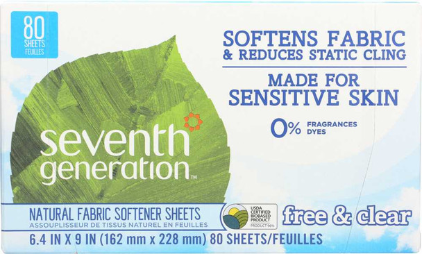 SEVENTH GENERATION: Natural Fabric Softener Sheets Free & Clear, 80 Sheets New