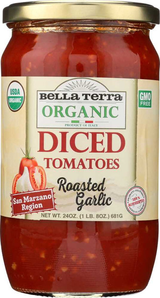 BELLA TERRA: Diced Tomatoes Roasted Garlic, 24 oz New