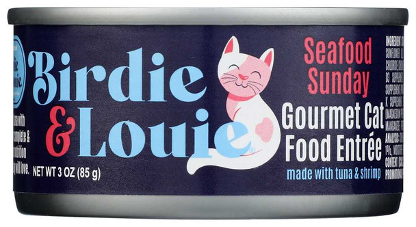BIRDIE & LOUIE: Seafood Sunday Tuna and Shrimp Wet Cat Food Gourmet Entrees, 3 oz New