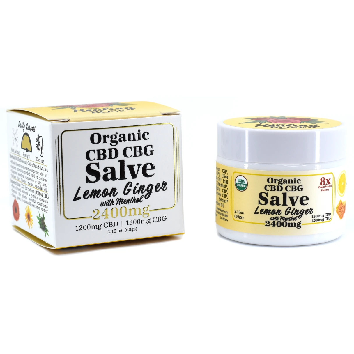 Organic lemon ginger CBD CBG salve in opal white glass jar by The Healing Rose