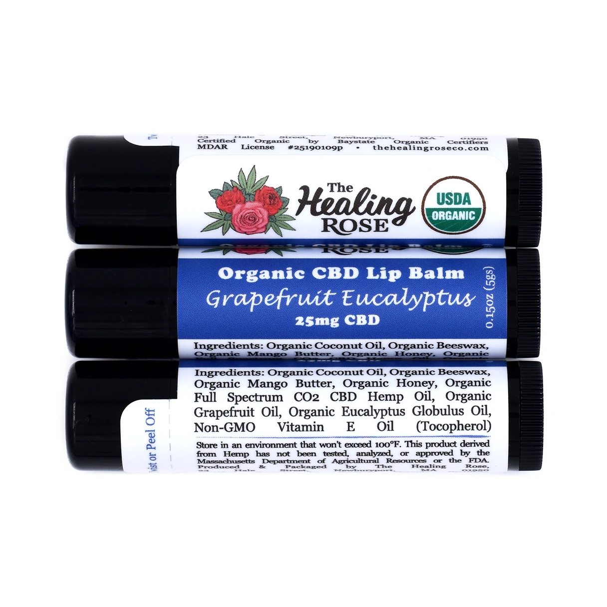 Organic grapefruit eucalyptus CBD lip balm 25mg by The Healing Rose Newburyport Massachusetts