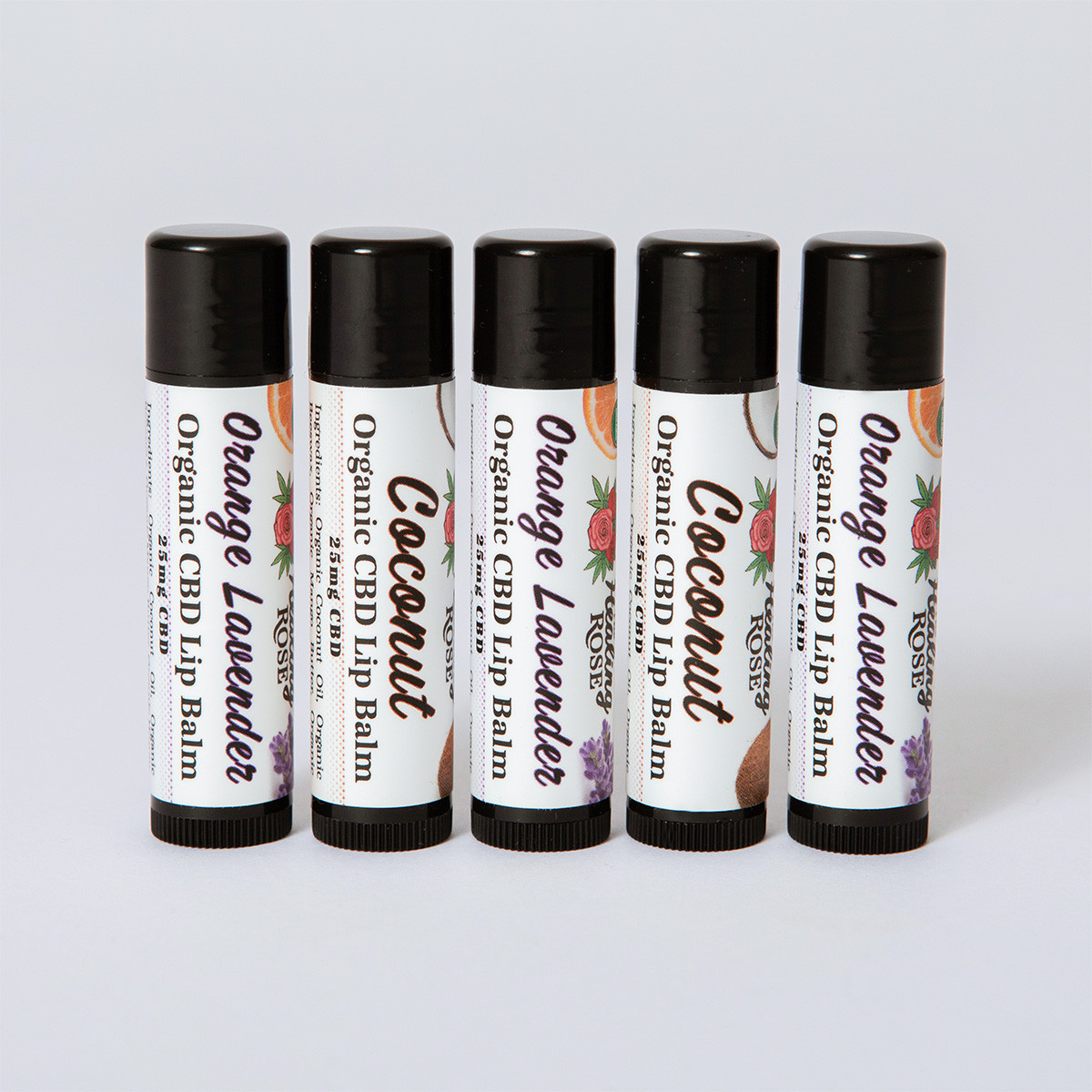 The Healing Rose Top 2 Favorite Lip Balms in a 5 pack, 3 Orange Lavender and 2 Coconut Organic CBD Lip Balms