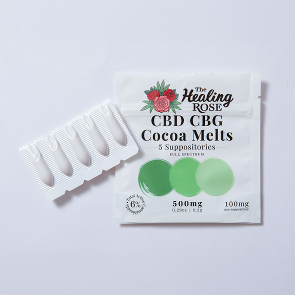 Healing Rose CBD CBG Cocoa Melts 5-count pouch with the melts laid out around it