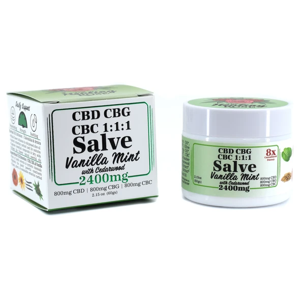 Vanilla mint CBD CBG CBC triple cannabinoid salve 2400mg in opal white glass jar by The Healing Rose