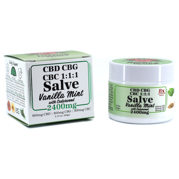 Vanilla mint CBD CBG CBC triple cannabinoid salve 2400mg in opal white glass jar by The Healing Rose