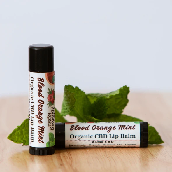 The Healing Rose Blood Orange Mint Organic CBD Lip Balm tubes beside sliced fresh mint