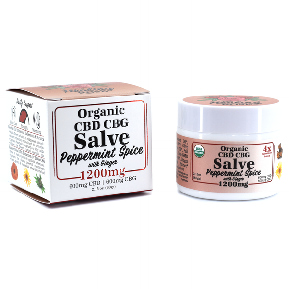 Organic peppermint spice CBD CBG salve 1200mg in opal white glass jar by The Healing Rose