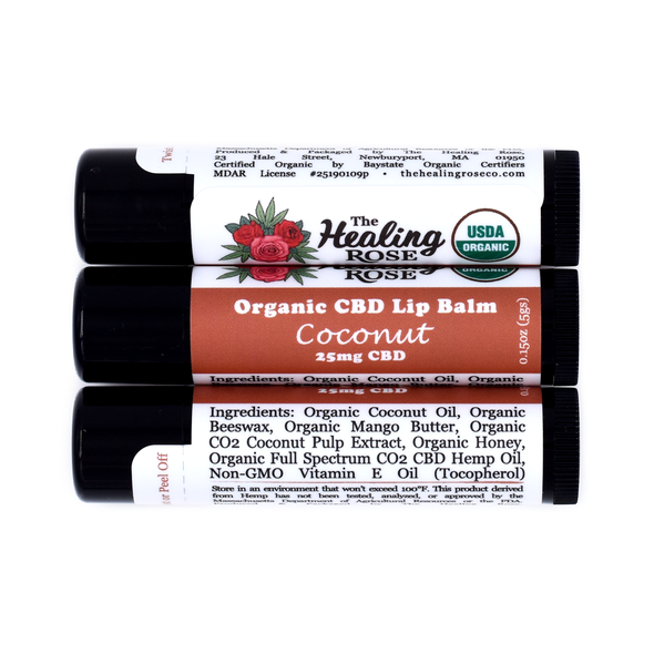Organic coconut CBD lip balm 25mg by The Healing Rose Newburyport Massachusetts