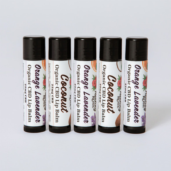The Healing Rose Top 2 Favorite Lip Balms in a 5 pack, 3 Orange Lavender and 2 Coconut Organic CBD Lip Balms