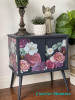 Belles and Whistles Floral Romance - Rub On Furniture Transfer, Best Transfers for Furniture - a magazine table chalk painted in navy and the Floral Romance Rub On Furniture Transfer has been applied on all sides. Rub-On Transfers (furniture decals, decor transfers, furniture transfers) are the easiest way to add personality, creativity, and fun to your furniture. Not only can our transfers be used on furniture, but you can use them on fabric, glass, metal, and much more.