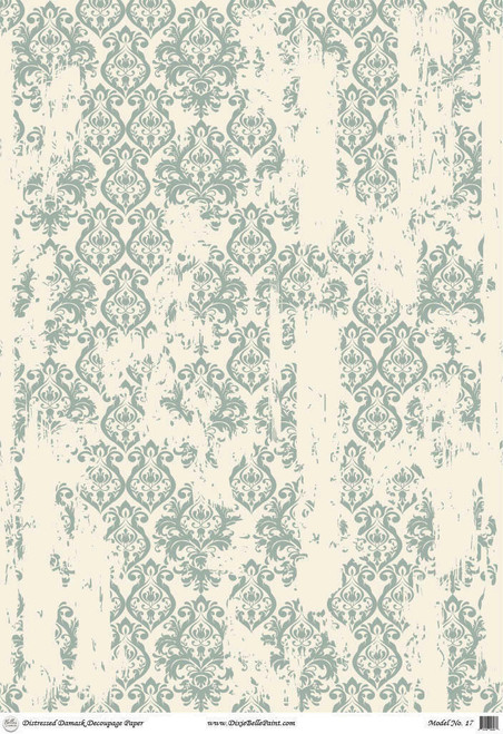 Belles and Whistles Distressed Damask - A1 Rice Decoupage Paper is a simple way to visually enhance any surface of your project!
This shows a sheet of the distressed -damask decoupage.  The distressed print is in green and the paper is a cream color.