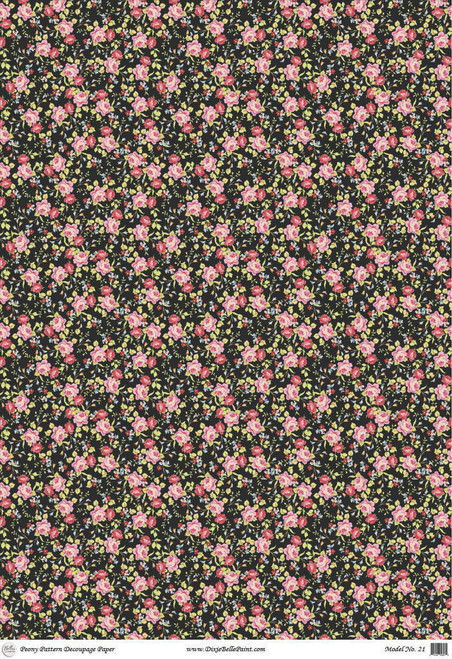 Belles and Whistles Peony Pattern - A1 Rice Decoupage Paper is a simple way to visually enhance any surface of your project! lay out of decoupage paper of small little pink peony flowers on a black background.