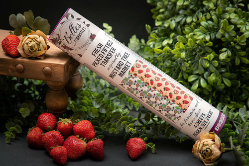 Belles and Whistles Fresh Picked Fifties -Rub On Furniture Transfer, Best Transfers for Furniture - picture of the transfer in a tube with some strawberries and greenery to create a beautiful displayed product shot.