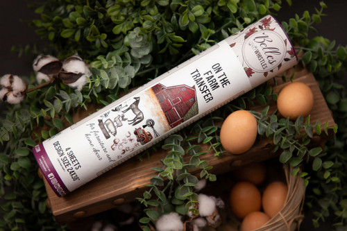 Belles and Whistles On the Farm - Rub On Furniture Transfer, Best Transfers for Furniture! Tube packaging of on the farm belles and whistle rub on transfer. Staged with eggs,  cotton and greenery.