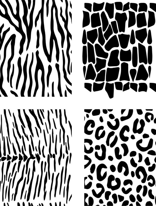 Belles and Whistles Safari - Stencil provides an extra decorative touch to any project! An image displaying all 4 of the different sheets that are included in the stencil. First one is the zebra print, then giraffe print, leopard print, and cheetah print is all shown.