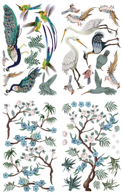 Image of Chinoiserie Transfer. Designs of many different birds and trees/branches with blue and white flowers and greenery.