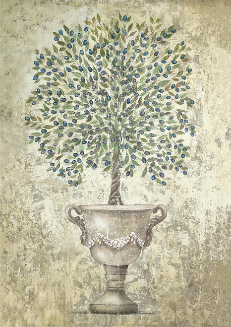 Image of Tuscan Olive Tissue Decoupage Paper, green tree in a ceramic looking pot with bluish black olive hanging from the leaves. On a beige distressed background.