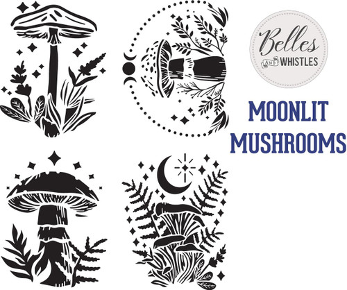 Image of Moonlit Mushrooms Stencil. Four separate mushroom designs with greenery, stars, and moons.