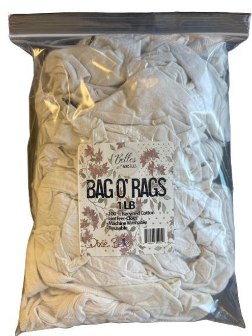 Image of Bag O' Rags. 1 pound bag of shop rags. 100% Recycled Cotton. Lint Free Cloth. Machine Washable. Reusable.