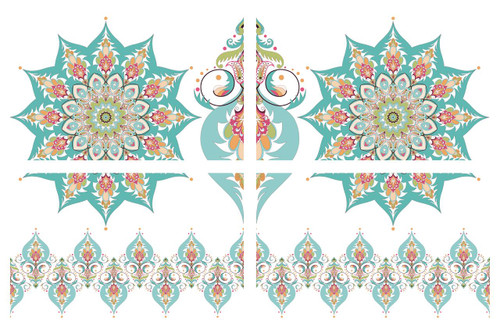 Image of the Kaleidoscope Transfer, Two sunburst pattern with blue, teal, green, and orange symmetrical patterns. A line of ornaments type patterns. In the center is a split symmetrical single vase pattern with the blue, green, orange and teal color pattern.