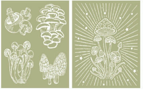 Image of Cottagecore Mushrooms Silkscreen Stencil. One sheet has 4 different types of mushrooms grouped together, such as, button mushrooms, oysters, enoki, and morels. The other sheet has a group of 11 tall skinny mushrooms with lines and stars shooting out from the center.