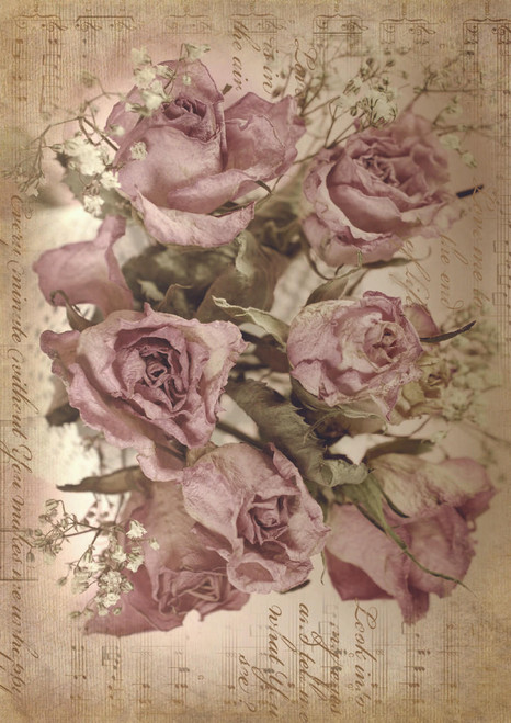 Image of Sepia Rose Song A1 Rice Decoupage Paper. A vintage-style photograph of a bouquet of roses overlaid with romantic script, evoking a sense of timeless love and nostalgia.