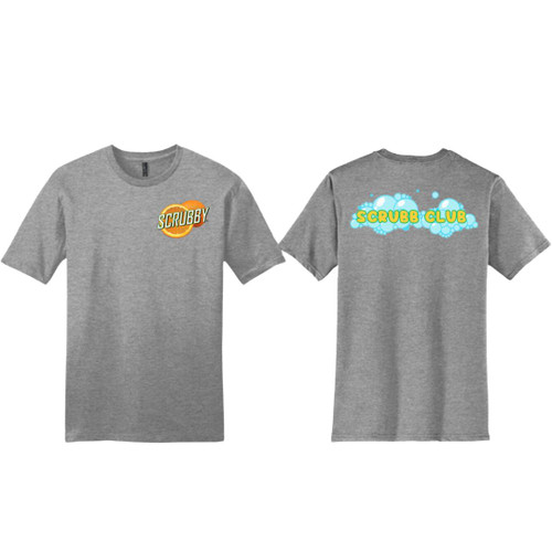 Image of the Scrubb Club T-Shirt. Gray crew neck t-shirt with the Scrubby logo on the front on top of the left breast area with an orange and orange slice. On the back, "SCRUBB CLUB" is written in yellow lettering with blue and white bubbles surrounding the writing.