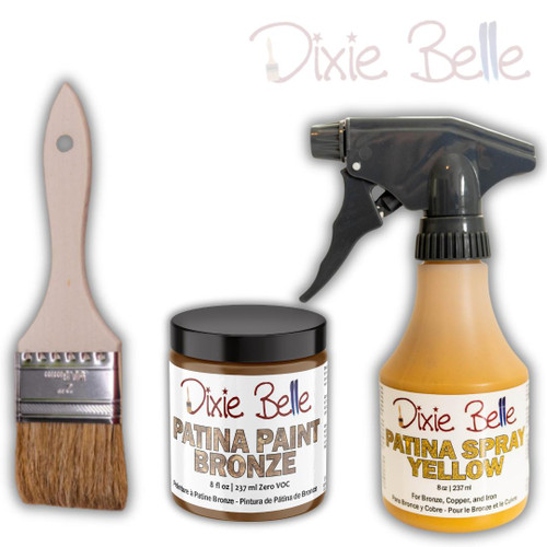 Image of a 2 inch Chip Brush, 8 oz. Bronze Patina Paint, and an 8 oz. Yellow Patina Spray. Dixie Belle logo in the top right corner.