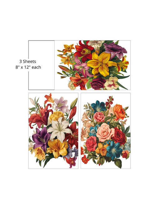 A set of three floral-themed decorative sheets, each measuring 8 inches by 12 inches. The sheets feature vibrant, detailed illustrations of various flowers, including lilies, roses, and other colorful blossoms. The flowers are arranged densely, creating visually rich compositions.