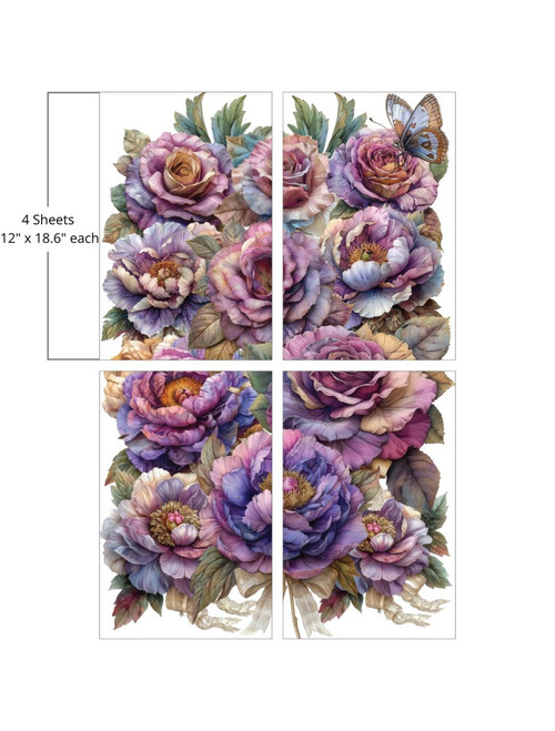 A 4-sheet set of floral artwork measuring 12" x 18.6" each, featuring vibrant, detailed flowers in shades of purple, lavender, and pink. Butterflies are delicately perched among the blossoms. The sheets are arranged to create a cohesive, lush floral display.