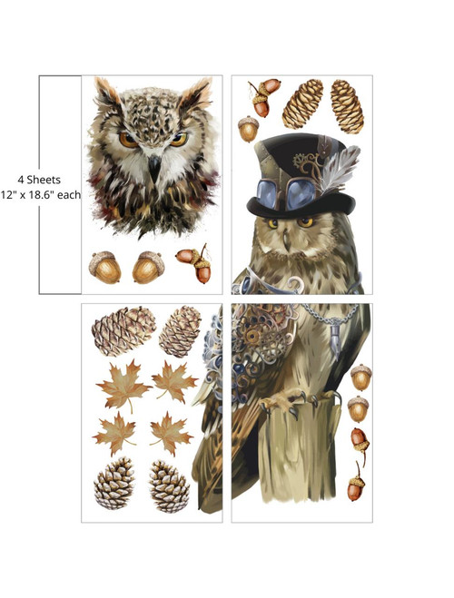 Four sheets of decorative designs featuring owls, pinecones, acorns, and maple leaves. One owl has a realistic appearance, and the other wears a steampunk hat with goggles. Each sheet measures 12 inches by 18.6 inches.