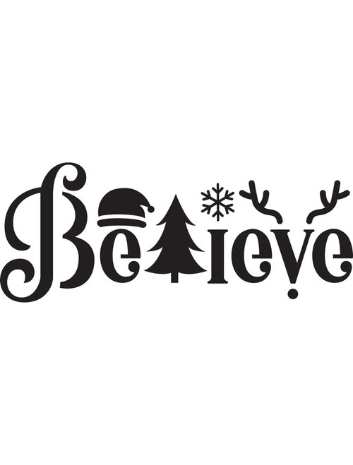 The image displays the word "Believe" with festive elements incorporated into the letters. The "B" has a swirl, the "l" is replaced by a Christmas tree, the first "e" wears a Santa hat, the "i" is topped with a snowflake, and the "v" has reindeer antlers.