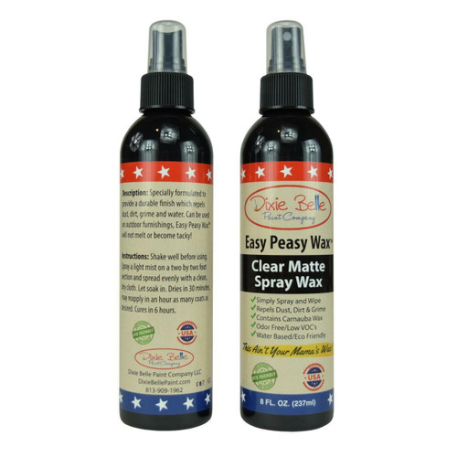 Dixie Belle Paint Easy Peasy™ Spray Wax 8oz. Front and back picture of a black bottle of Easy Peasy Spray Wax.