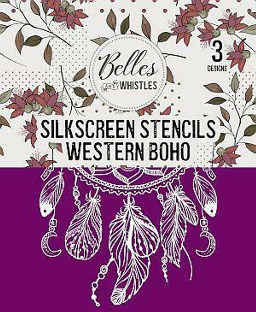 Belles and Whistles Western Boho - Silkscreen Stencil provides an extra decorative touch to any project!  Digital image of Western Boho Silk Screen Stencil packaging with white background.