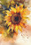 A vibrant Sunny Daze A1 Rice Decoupage Paper painting of a sunflower, with vivid yellow petals and splatters of color that convey a sense of warmth and liveliness.