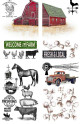 Belles and Whistles On the Farm - Rub On Furniture Transfer, Best Transfers for Furniture. Layout of the on the farm rub on transfers. Includes a barn, farm animals, rusty truck, windmill, cotton and farm fresh sayings.